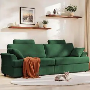 87" Cloud Comfy Sofa Couch with Deep Seat and Thick Cushion, Corduroy Upholstered Fabric Soft for Living Room Office, Green (Includes Headrest) 87" Cloud Comfy Sofa Couch with Deep Seat and Thick Cushion, Corduroy Upholstered Fabric Soft for Living Room Office, Green (Includes Headrest)