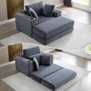 62" Oversized Chaise Lounge Chair Indoor, Corduroy Boneless Convertible Chaise Lounge Couch Sleeper Chair with Ottoman, Deep Seat Reading Chair, No Assembly Required (Grey) 62" Oversized Chaise Lounge Chair Indoor, Corduroy Boneless Convertible Chaise Lounge Couch Sleeper Chair with Ottoman, Deep Seat Reading Chair, No Assembly Required (Grey)