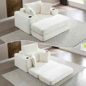 62" Oversized Chaise Lounge Chair Indoor, Corduroy Boneless Convertible Chaise Lounge Couch Sleeper Chair with Ottoman, Deep Seat Reading Chair, No Assembly Required (Beige) 62" Oversized Chaise Lounge Chair Indoor, Corduroy Boneless Convertible Chaise Lounge Couch Sleeper Chair with Ottoman, Deep Seat Reading Chair, No Assembly Required (Beige)