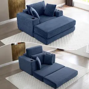 62" Oversized Chaise Lounge Chair Indoor, Corduroy Boneless Convertible Chaise Lounge Couch Sleeper Chair with Ottoman, Deep Seat Reading Chair, No Assembly Required (Blue) 62" Oversized Chaise Lounge Chair Indoor, Corduroy Boneless Convertible Chaise Lounge Couch Sleeper Chair with Ottoman, Deep Seat Reading Chair, No Assembly Required (Blue)