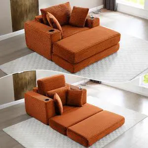 62" Oversized Chaise Lounge Chair Indoor, Corduroy Boneless Convertible Chaise Lounge Couch Sleeper Chair with Ottoman, Deep Seat Reading Chair, No Assembly Required (Orange) 62" Oversized Chaise Lounge Chair Indoor, Corduroy Boneless Convertible Chaise Lounge Couch Sleeper Chair with Ottoman, Deep Seat Reading Chair, No Assembly Required (Orange)