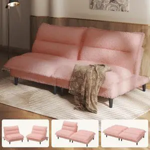 Futon Sofa Bed, 4 in 1 Convertible Sofa with Adjustable Backrest, 71" Teddy Plush Fabric Loveseat Sleeper Couch for Living Room, Apartment, Office, Pink Futon Sofa Bed, 4 in 1 Convertible Sofa with Adjustable Backrest, 71" Teddy Plush Fabric Loveseat Sleeper Couch for Living Room, Apartment, Office, Pink