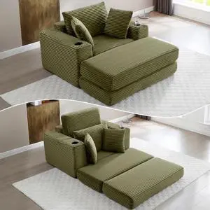 62" Oversized Chaise Lounge Chair Indoor, Corduroy Boneless Convertible Chaise Lounge Couch Sleeper Chair with Ottoman, Deep Seat Reading Chair, No Assembly Required (Green) 62" Oversized Chaise Lounge Chair Indoor, Corduroy Boneless Convertible Chaise Lounge Couch Sleeper Chair with Ottoman, Deep Seat Reading Chair, No Assembly Required (Green)