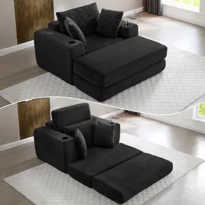62" Oversized Chaise Lounge Chair Indoor, Corduroy Boneless Convertible Chaise Lounge Couch Sleeper Chair with Ottoman, Deep Seat Reading Chair, No Assembly Required (Black) 62" Oversized Chaise Lounge Chair Indoor, Corduroy Boneless Convertible Chaise Lounge Couch Sleeper Chair with Ottoman, Deep Seat Reading Chair, No Assembly Required (Black)
