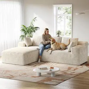 106" Sectional Couch for Living Room, L-Shaped Cloud Couch Corduroy Modern Sectional Sofa with Deep Seat and Thickened Cushion, No Assembly Required, Biege 106" Sectional Couch for Living Room, L-Shaped Cloud Couch Corduroy Modern Sectional Sofa with Deep Seat and Thickened Cushion, No Assembly Required, Biege