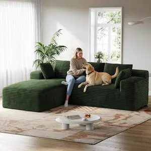 106" Sectional Couch for Living Room, L-Shaped Cloud Couch Corduroy Modern Sectional Sofa with Deep Seat and Thickened Cushion, No Assembly Required, Green 106" Sectional Couch for Living Room, L-Shaped Cloud Couch Corduroy Modern Sectional Sofa with Deep Seat and Thickened Cushion, No Assembly Required, Green