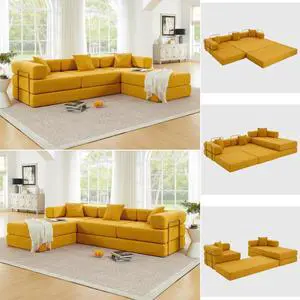 108" Modular Sectional Sofa,Futon Convertible Sofa Bed,Oversized Corduroy Boneless Couch for Living Room,Floor Loveseat Sleeper with Pull Out Bed,Free Combination,No Assembly Required (Yellow) 108" Modular Sectional Sofa,Futon Convertible Sofa Bed,Oversized Corduroy Boneless Couch for Living Room,Floor Loveseat Sleeper with Pull Out Bed,Free Combination,No Assembly Required (Yellow)