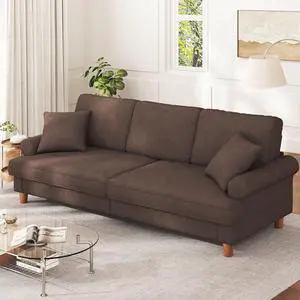 87" Sofa Couch, Comfy Extra Deep Seat 3 Seater Couch for Living Room with Soft Upholstered Round Arms, Free 2 Pillows, Brown 87" Sofa Couch, Comfy Extra Deep Seat 3 Seater Couch for Living Room with Soft Upholstered Round Arms, Free 2 Pillows, Brown
