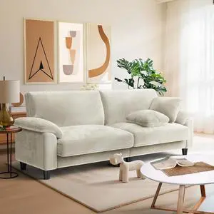 87" Sofa Couch, Comfy Extra Deep Seat 3 Seater Couch for Living Room with Soft Upholstered Round Arms, Free 2 Pillows, Beige 87" Sofa Couch, Comfy Extra Deep Seat 3 Seater Couch for Living Room with Soft Upholstered Round Arms, Free 2 Pillows, Beige