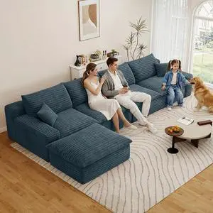 136" Cloud Sectional Couch with L-Shaped Chaise,4-Seater Corduroy Viral Boneless Sofa with Ottoman,Memory Foam Couches in a Box with Deep Seat for Living Room,No Assembly Required,Blue 136" Cloud Sectional Couch with L-Shaped Chaise,4-Seater Corduroy Viral Boneless Sofa with Ottoman,Memory Foam Couches in a Box with Deep Seat for Living Room,No Assembly Required,Blue
