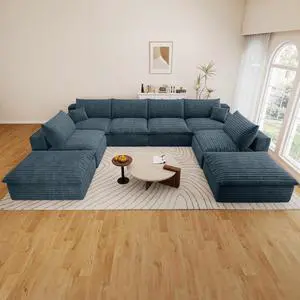 136" Cloud Sectional Couch with U-Shaped Chaise,6-Seater Corduroy Viral Boneless Sofa with Ottoman,Memory Foam Couches in a Box with Deep Seat for Living Room,No Assembly Required, Blue 136" Cloud Sectional Couch with U-Shaped Chaise,6-Seater Corduroy Viral Boneless Sofa with Ottoman,Memory Foam Couches in a Box with Deep Seat for Living Room,No Assembly Required, Blue