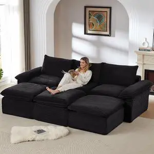 111" Cloud Sectional Couch,Corduroy Viral Boneless Sofa with Ottomans,Memory Foam Couces in a Box with Deep Seat for Living Room,No Assembly Required (Black) 111" Cloud Sectional Couch,Corduroy Viral Boneless Sofa with Ottomans,Memory Foam Couces in a Box with Deep Seat for Living Room,No Assembly Required (Black)