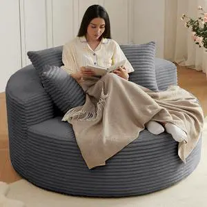 55'' Oversized Round Lounge Chair Indoor, Corduroy Upholstered Large Lounge Chaise, Cloud Soft Circle Sofa Bed for Reading,Living Room,Bedroom,No Assembly Required,Grey 55'' Oversized Round Lounge Chair Indoor, Corduroy Upholstered Large Lounge Chaise, Cloud Soft Circle Sofa Bed for Reading,Living Room,Bedroom,No Assembly Required,Grey