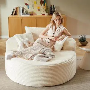 55'' Oversized Round Lounge Chair Indoor, Corduroy Upholstered Large Lounge Chaise, Cloud Soft Circle Sofa Bed for Reading,Living Room,Bedroom,No Assembly Required,Beige 55'' Oversized Round Lounge Chair Indoor, Corduroy Upholstered Large Lounge Chaise, Cloud Soft Circle Sofa Bed for Reading,Living Room,Bedroom,No Assembly Required,Beige