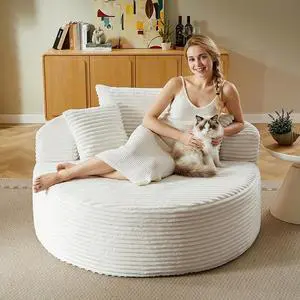 55'' Oversized Round Chair Lounge Chaise Indoor, Cloud Corduroy Upholstered Floor Sofa, Boneless Circle Chair for Reading, Living Room, Bedroom, Apartment, No Assembly Required, White 55'' Oversized Round Chair Lounge Chaise Indoor, Cloud Corduroy Upholstered Floor Sofa, Boneless Circle Chair for Reading, Living Room, Bedroom, Apartment, No Assembly Required, White