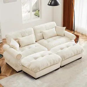 93.7" Oversized Loveseat Sofa with 2 Ottomans, Modern Velvet 2-Seat Couch with Waist & Throw Pillows, Upholstered Deep Seat Cloud Couch for Living Room, Bedroom (Cream,2 Seater with 2 Ottomans) 93.7" Oversized Loveseat Sofa with 2 Ottomans, Modern Velvet 2-Seat Couch with Waist & Throw Pillows, Upholstered Deep Seat Cloud Couch for Living Room, Bedroom (Cream,2 Seater with 2 Ottomans)