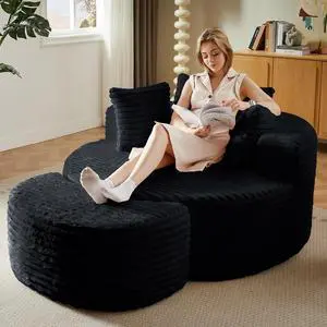 55'' Oversized Round Chair Lounge Chaise Indoor with Ottoman, Cloud Corduroy Upholstered Floor Sofa, Boneless Circle Chair for Reading, Living Room, Bedroom, Apartment, Jet Black 55'' Oversized Round Chair Lounge Chaise Indoor with Ottoman, Cloud Corduroy Upholstered Floor Sofa, Boneless Circle Chair for Reading, Living Room, Bedroom, Apartment, Jet Black