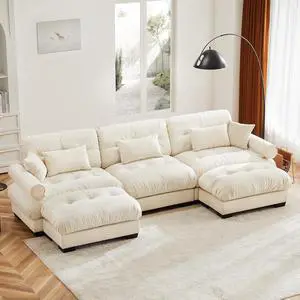 130"W Modular Sectional Sofa with 2 Ottomans, Oversized 3-Seater Couch with Waist & Throw Pillows,Comfy Velvet Deep Seat Upholstered Sofa for Living Room & Bedroom (Cream, 3-Seater with Ottomans) 130"W Modular Sectional Sofa with 2 Ottomans, Oversized 3-Seater Couch with Waist & Throw Pillows,Comfy Velvet Deep Seat Upholstered Sofa for Living Room & Bedroom (Cream, 3-Seater with Ottomans)