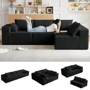 104'' Cloud Modular Sectional Sofa, Corduroy L-Shaped Minimalist Couch with Deep Seat, Modern 4-Seater Free Combination Sofa for Living Room No Assembly Required (Black) 104'' Cloud Modular Sectional Sofa, Corduroy L-Shaped Minimalist Couch with Deep Seat, Modern 4-Seater Free Combination Sofa for Living Room No Assembly Required (Black)