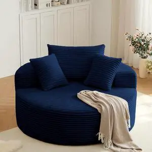 55'' Oversized Round Lounge Chaise Chair, Corduroy Upholstered Indoor Chaise, Cloud Circle Sleeper Sofa Bed for Reading, Living Room, Bedroom, Apartment, No Assembly Required, Blue 55'' Oversized Round Lounge Chaise Chair, Corduroy Upholstered Indoor Chaise, Cloud Circle Sleeper Sofa Bed for Reading, Living Room, Bedroom, Apartment, No Assembly Required, Blue