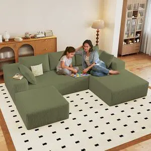 96" U Shaped Cloud Sectional Couch with Fluffy Corduroy, Deep Memory Foam Seats Sofa with 1 Ottoman for Living Room, No Assembly Required(Green,Right-Facing Chaise) 96" U Shaped Cloud Sectional Couch with Fluffy Corduroy, Deep Memory Foam Seats Sofa with 1 Ottoman for Living Room, No Assembly Required(Green,Right-Facing Chaise)