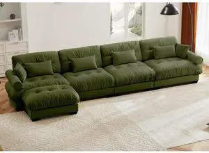 166"W Modular Sectional Sofa with Ottoman, Oversized 4-Seater Couch with Waist & Throw Pillows,Comfy Velvet Deep Seat Upholstered Sofa for Living Room,Apartment(Olive Green,4-Seater with Ottoman) 166"W Modular Sectional Sofa with Ottoman, Oversized 4-Seater Couch with Waist & Throw Pillows,Comfy Velvet Deep Seat Upholstered Sofa for Living Room,Apartment(Olive Green,4-Seater with Ottoman)