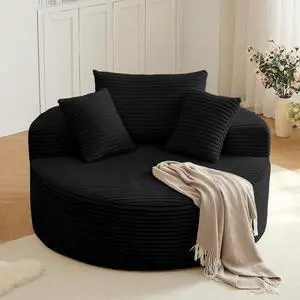 55'' Oversized Round Lounge Chaise Chair, Corduroy Upholstered Indoor Chaise, Cloud Circle Sleeper Sofa Bed for Reading, Living Room, Bedroom, Apartment, No Assembly Required, Black 55'' Oversized Round Lounge Chaise Chair, Corduroy Upholstered Indoor Chaise, Cloud Circle Sleeper Sofa Bed for Reading, Living Room, Bedroom, Apartment, No Assembly Required, Black