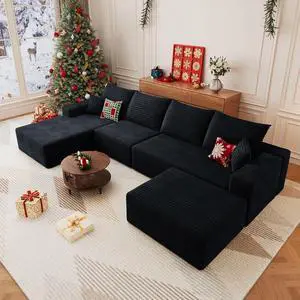 136" U Shaped Cloud Sectional Couch with Fluffy Corduroy, Deep Memory Foam Seats Sofa with 1 Ottoman for Living Room, No Assembly Required(Black,Left-Facing Chaise) 136" U Shaped Cloud Sectional Couch with Fluffy Corduroy, Deep Memory Foam Seats Sofa with 1 Ottoman for Living Room, No Assembly Required(Black,Left-Facing Chaise)