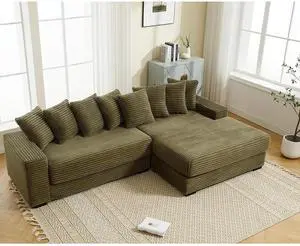 111" W Modular Sectional Sofa with 8 Pillows, Comfy Corduroy Cloud Couch with Chaise, L-Shaped Modern 3-Seater Sofa for Living Room or Apartment (Green, Right-Facing Chaise) 111" W Modular Sectional Sofa with 8 Pillows, Comfy Corduroy Cloud Couch with Chaise, L-Shaped Modern 3-Seater Sofa for Living Room or Apartment (Green, Right-Facing Chaise)