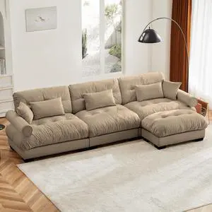 130"W Modular Sectional Sofa with Ottoman, Oversized 3-Seater Couch with Waist & Throw Pillows, Comfy Velvet Deep Seat Upholstered Sofa for Living Room, Apartment (Camel,3-Seater with Ottoman) 130"W Modular Sectional Sofa with Ottoman, Oversized 3-Seater Couch with Waist & Throw Pillows, Comfy Velvet Deep Seat Upholstered Sofa for Living Room, Apartment (Camel,3-Seater with Ottoman)