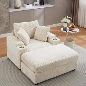 42.12" Oversized Chair with Ottoman,Chaise Lounge Chair Indoor with Ottoman & Storage,Comfy Corduroy Reading Chairs with Cup Holder for Bedroom & Living Room(Beige) 42.12" Oversized Chair with Ottoman,Chaise Lounge Chair Indoor with Ottoman & Storage,Comfy Corduroy Reading Chairs with Cup Holder for Bedroom & Living Room(Beige)