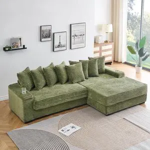 111" W Modular Sectional Sofa with 8 Pillows, Comfy Corduroy Cloud Couch with Cup Holders & Storage, L-Shaped Modern 4-Seater Sofa for Living Room or Apartment(Green, Reversible Chaise) 111" W Modular Sectional Sofa with 8 Pillows, Comfy Corduroy Cloud Couch with Cup Holders & Storage, L-Shaped Modern 4-Seater Sofa for Living Room or Apartment(Green, Reversible Chaise)