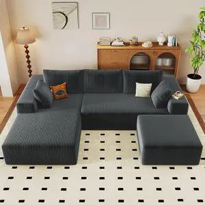 96" U Shaped Cloud Sectional Couch with Fluffy Corduroy, Deep Memory Foam Seats Sofa with 1 Ottoman for Living Room, No Assembly Required(Dark Grey,Left-Facing Chaise) 96" U Shaped Cloud Sectional Couch with Fluffy Corduroy, Deep Memory Foam Seats Sofa with 1 Ottoman for Living Room, No Assembly Required(Dark Grey,Left-Facing Chaise)