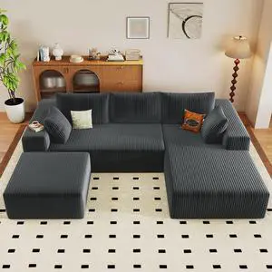 96" W Cloud Sectional Couch with Ottoman,Modern U-Shaped Cloud Couch with Deep Seat,Comfy Corduroy 3-Seater Sofa,Memory Foam Sofa for Living Room,No Assembly (Dark Grey,Right-Facing Chaise) 96" W Cloud Sectional Couch with Ottoman,Modern U-Shaped Cloud Couch with Deep Seat,Comfy Corduroy 3-Seater Sofa,Memory Foam Sofa for Living Room,No Assembly (Dark Grey,Right-Facing Chaise)
