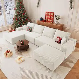 136" U Shaped Cloud Sectional Couch with Fluffy Corduroy, Deep Memory Foam Seats Sofa with 1 Ottoman for Living Room, No Assembly Required(White,Left-Facing Chaise) 136" U Shaped Cloud Sectional Couch with Fluffy Corduroy, Deep Memory Foam Seats Sofa with 1 Ottoman for Living Room, No Assembly Required(White,Left-Facing Chaise)