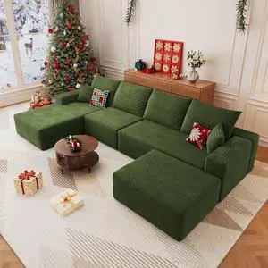 136" U Shaped Cloud Sectional Couch with Fluffy Corduroy, Deep Memory Foam Seats Sofa with 1 Ottoman for Living Room, No Assembly Required(Green,Left-Facing Chaise) 136" U Shaped Cloud Sectional Couch with Fluffy Corduroy, Deep Memory Foam Seats Sofa with 1 Ottoman for Living Room, No Assembly Required(Green,Left-Facing Chaise)