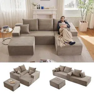 96" W Cloud Sectional Couch with Ottoman,Modern U-Shaped Cloud Couch with Deep Seat,Comfy Corduroy 3-Seater Sofa,Memory Foam Sofa for Living Room,No Assembly (Camel,Right-Facing Chaise) 96" W Cloud Sectional Couch with Ottoman,Modern U-Shaped Cloud Couch with Deep Seat,Comfy Corduroy 3-Seater Sofa,Memory Foam Sofa for Living Room,No Assembly (Camel,Right-Facing Chaise)