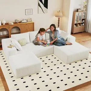 96" U Shaped Cloud Sectional Couch with Fluffy Corduroy, Deep Memory Foam Seats Sofa with 1 Ottoman for Living Room, No Assembly Required(White,Right-Facing Chaise) 96" U Shaped Cloud Sectional Couch with Fluffy Corduroy, Deep Memory Foam Seats Sofa with 1 Ottoman for Living Room, No Assembly Required(White,Right-Facing Chaise)