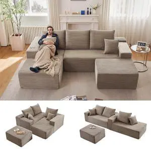 96" W Cloud Sectional Couch with Ottoman,Modern U-Shaped Cloud Couch with Deep Seat,Comfy Corduroy 4-Seater Sofa,Memory Foam Sofa for Living Room,No Assembly (Camel,Left-Facing Chaise) 96" W Cloud Sectional Couch with Ottoman,Modern U-Shaped Cloud Couch with Deep Seat,Comfy Corduroy 4-Seater Sofa,Memory Foam Sofa for Living Room,No Assembly (Camel,Left-Facing Chaise)
