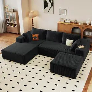 96" U Shaped Cloud Sectional Couch with Fluffy Corduroy, Deep Memory Foam Seats Sofa with 1 Ottoman for Living Room, No Assembly Required(Black,Left-Facing Chaise) 96" U Shaped Cloud Sectional Couch with Fluffy Corduroy, Deep Memory Foam Seats Sofa with 1 Ottoman for Living Room, No Assembly Required(Black,Left-Facing Chaise)