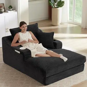 47.2"Oversized Chaise Lounge Chair Indoor,Corduroy Boneless Reading Chair with Cup Holder,Deep Seat Cloud Sofa Bed,Comfy Modern Sleeper Chairs in Box for Living Room Bedroom,No Assembly (Black) 47.2"Oversized Chaise Lounge Chair Indoor,Corduroy Boneless Reading Chair with Cup Holder,Deep Seat Cloud Sofa Bed,Comfy Modern Sleeper Chairs in Box for Living Room Bedroom,No Assembly (Black)