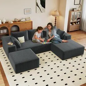 96" U Shaped Cloud Sectional Couch with Fluffy Corduroy, Deep Memory Foam Seats Sofa with 1 Ottoman for Living Room, No Assembly Required(Dark Grey,Right-Facing Chaise) 96" U Shaped Cloud Sectional Couch with Fluffy Corduroy, Deep Memory Foam Seats Sofa with 1 Ottoman for Living Room, No Assembly Required(Dark Grey,Right-Facing Chaise)