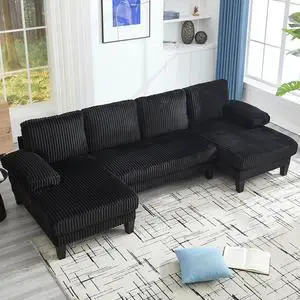 114.2 W Corduroy Sectional Sofa for Living Room, U-Shaped Couch with Double Chaises and Comfortable Backrest, Modern 4-Seater Deep Cloud Sofa (Black) 114.2 W Corduroy Sectional Sofa for Living Room, U-Shaped Couch with Double Chaises and Comfortable Backrest, Modern 4-Seater Deep Cloud Sofa (Black)