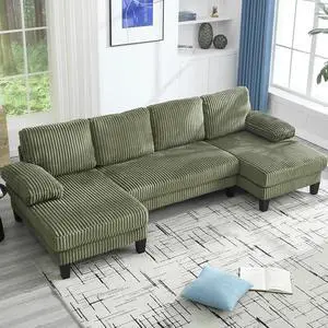 114.2 W Corduroy Sectional Sofa for Living Room, U-Shaped Couch with Double Chaises and Comfortable Backrest, Modern 4-Seater Deep Cloud Sofa for Small Spaces(Green) 114.2 W Corduroy Sectional Sofa for Living Room, U-Shaped Couch with Double Chaises and Comfortable Backrest, Modern 4-Seater Deep Cloud Sofa for Small Spaces(Green)