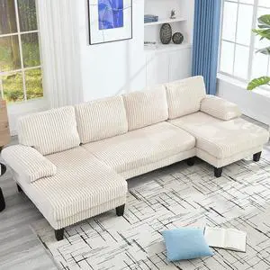 114.2 W Corduroy Sectional Sofa for Living Room, U-Shaped Couch with Double Chaises and Comfortable Backrest, Modern 4-Seater Deep Cloud Sofa for Small Spaces(Beige) 114.2 W Corduroy Sectional Sofa for Living Room, U-Shaped Couch with Double Chaises and Comfortable Backrest, Modern 4-Seater Deep Cloud Sofa for Small Spaces(Beige)