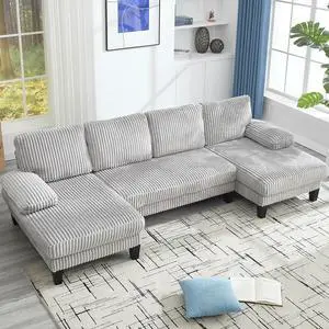 114.2 W Corduroy Sectional Sofa for Living Room, U-Shaped Couch with Double Chaises and Comfortable Backrest, Modern 4-Seater Deep Cloud Sofa for Small Spaces(Grey) 114.2 W Corduroy Sectional Sofa for Living Room, U-Shaped Couch with Double Chaises and Comfortable Backrest, Modern 4-Seater Deep Cloud Sofa for Small Spaces(Grey)