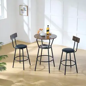 3-Piece Bar Table Set with Shelf, Small 2-Tier Round Bistro Pub Dining Table & PU Upholstered Stools with Backrest, Counter Height Table and Chairs Set for Kitchen Small Space, Rustic Brown 3-Piece Bar Table Set with Shelf, Small 2-Tier Round Bistro Pub Dining Table & PU Upholstered Stools with Backrest, Counter Height Table and Chairs Set for Kitchen Small Space, Rustic Brown