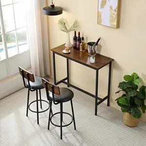 3 Piece Dining Table Set Industrial Small Bar Table and Chairs Set for 2, Metal Base Kitchen Counter Height Dining Table Set with 2 PU Upholstered Chairs with Backrest for Bars, Brown 3 Piece Dining Table Set Industrial Small Bar Table and Chairs Set for 2, Metal Base Kitchen Counter Height Dining Table Set with 2 PU Upholstered Chairs with Backrest for Bars, Brown