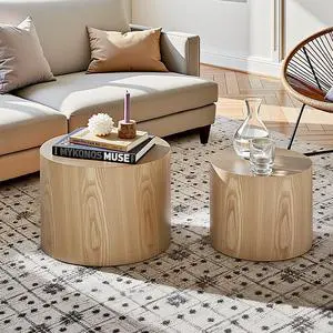 Nesting Coffee Table Set of 2, Modern Round Coffee Table with Non-Slip Feet, Oak Wooden Circle Accent Tables for Small Spaces Living Room Bedroom Balcony Office Drum Side Table Nesting Coffee Table Set of 2, Modern Round Coffee Table with Non-Slip Feet, Oak Wooden Circle Accent Tables for Small Spaces Living Room Bedroom Balcony Office Drum Side Table