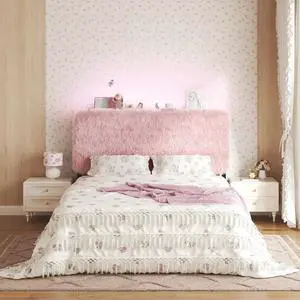 Princess Headboard King Size, Upholstered Plush Headboard, 42.1" to 46.1" Adjustable Height, Pink Princess Headboard King Size, Upholstered Plush Headboard, 42.1" to 46.1" Adjustable Height, Pink